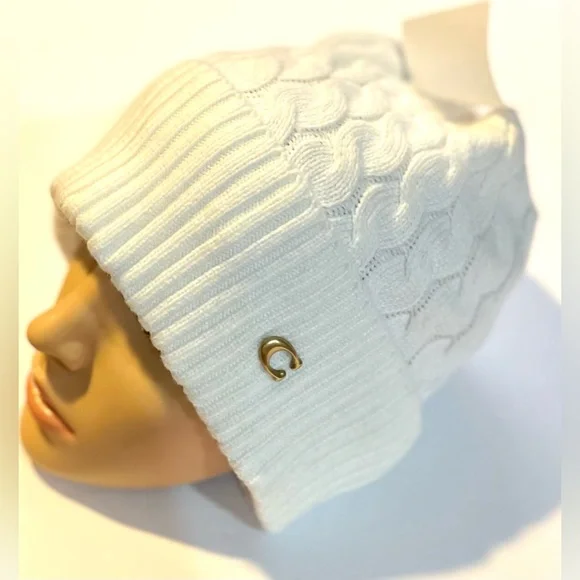 Coach White Knit Beanie with Gold Logo - Picture 15 of 16